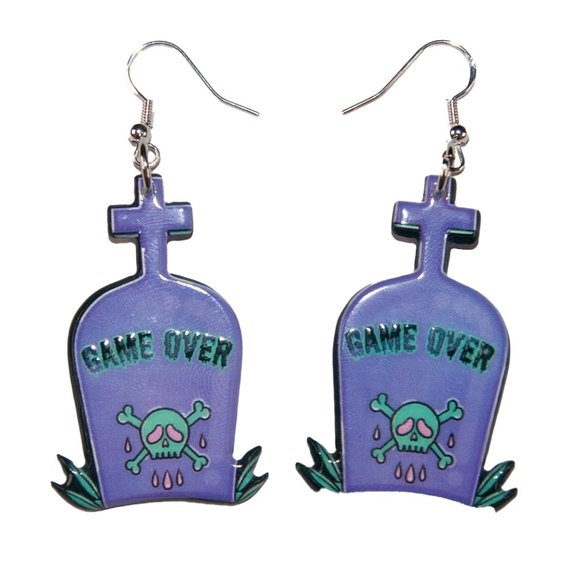 3/$25 Game‎ Over Tombstone Goth Resin Earrings Hypoallergenic Nickel Free 925 - Picture 2 of 3
